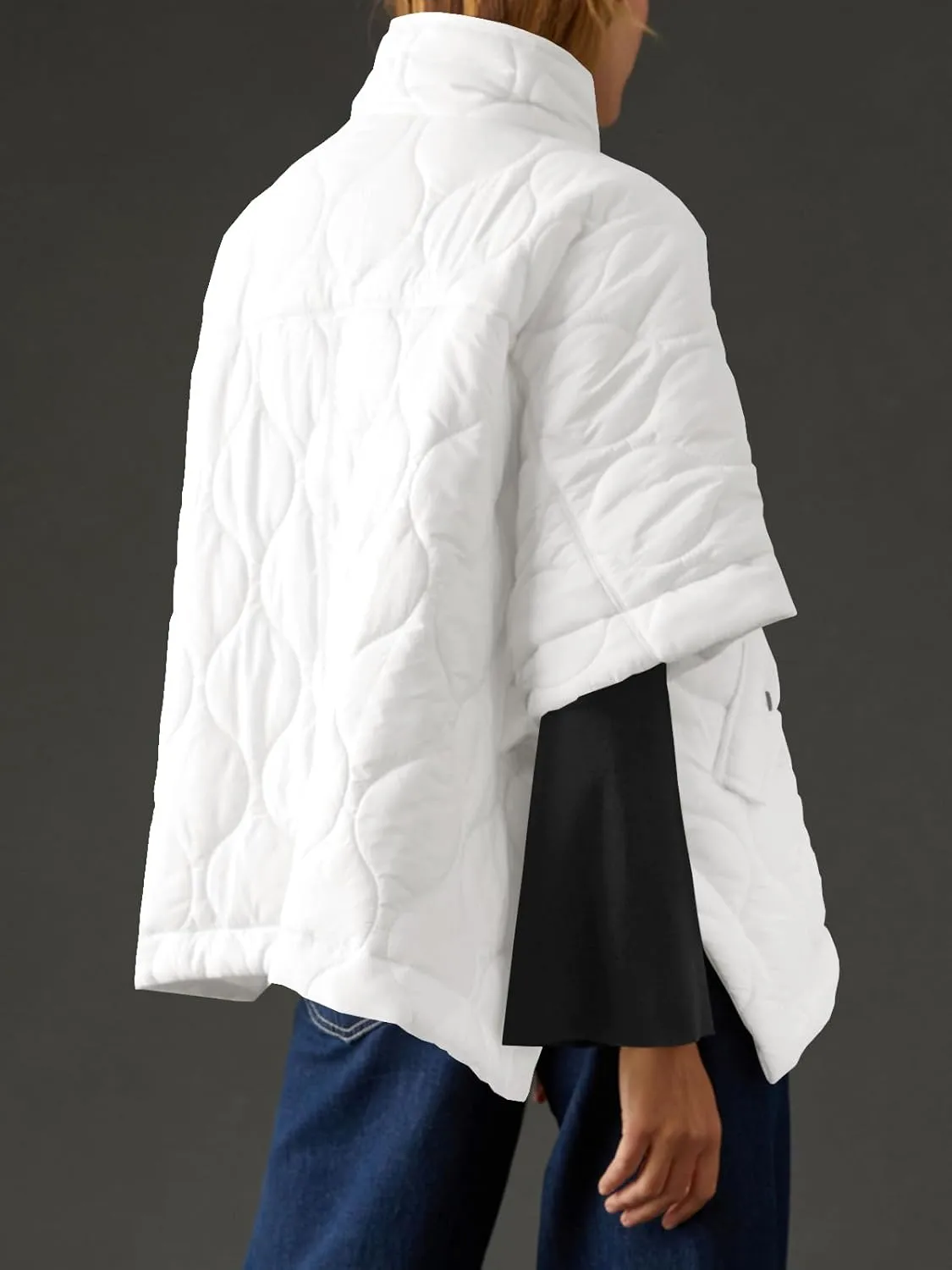 Fazortev Women's Puffer Poncho Pullover Quilted Jacket Short Sleeve Half Zipper Coat Cape Outerwear