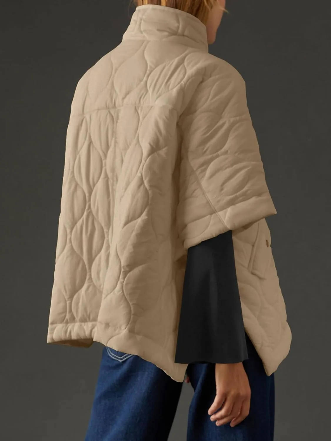 Fazortev Women's Puffer Poncho Pullover Quilted Jacket Short Sleeve Half Zipper Coat Cape Outerwear