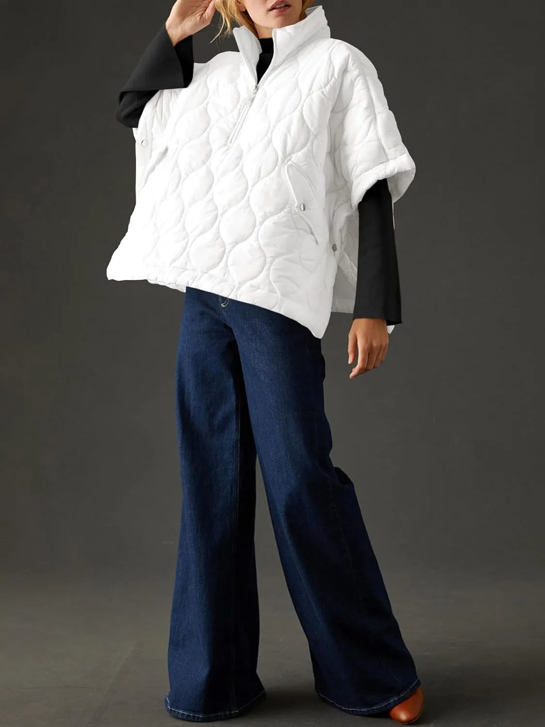 Fazortev Women's Puffer Poncho Pullover Quilted Jacket Short Sleeve Half Zipper Coat Cape Outerwear