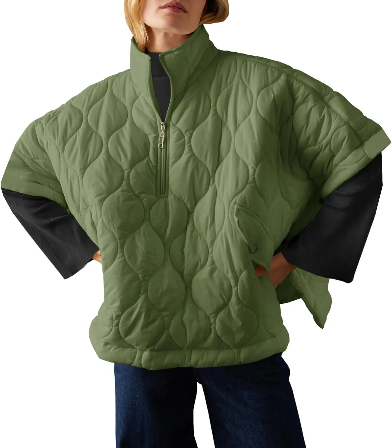 Fazortev Women's Puffer Poncho Pullover Quilted Jacket Short Sleeve Half Zipper Coat Cape Outerwear