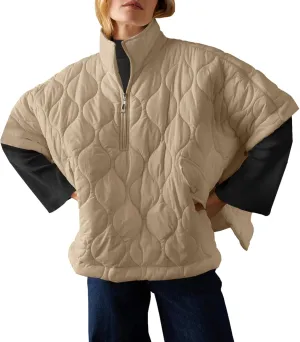 Fazortev Women's Puffer Poncho Pullover Quilted Jacket Short Sleeve Half Zipper Coat Cape Outerwear