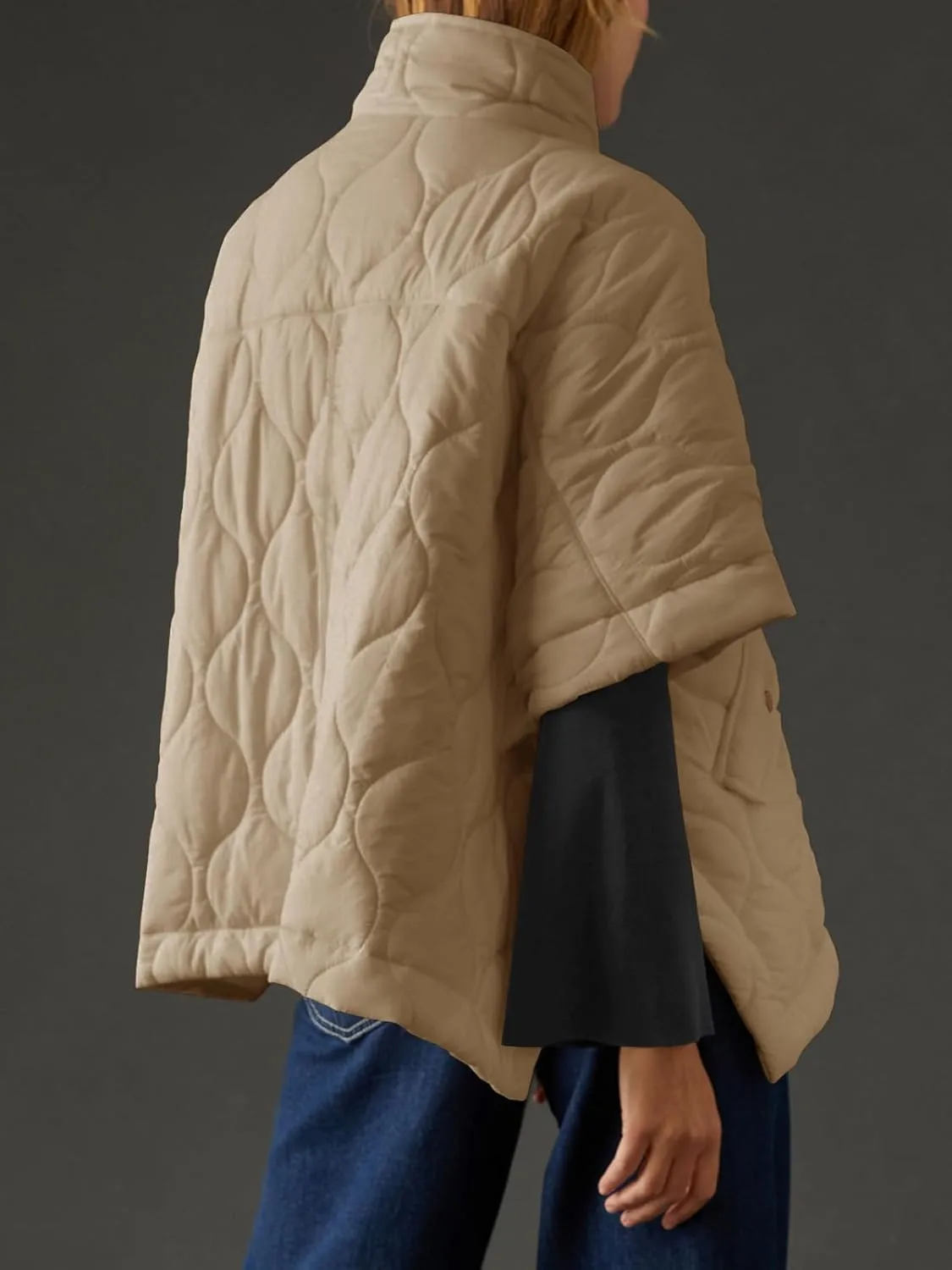 Fazortev Women's Puffer Poncho Pullover Quilted Jacket Short Sleeve Half Zipper Coat Cape Outerwear
