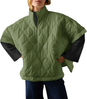 Fazortev Women's Puffer Poncho Pullover Quilted Jacket Short Sleeve Half Zipper Coat Cape Outerwear