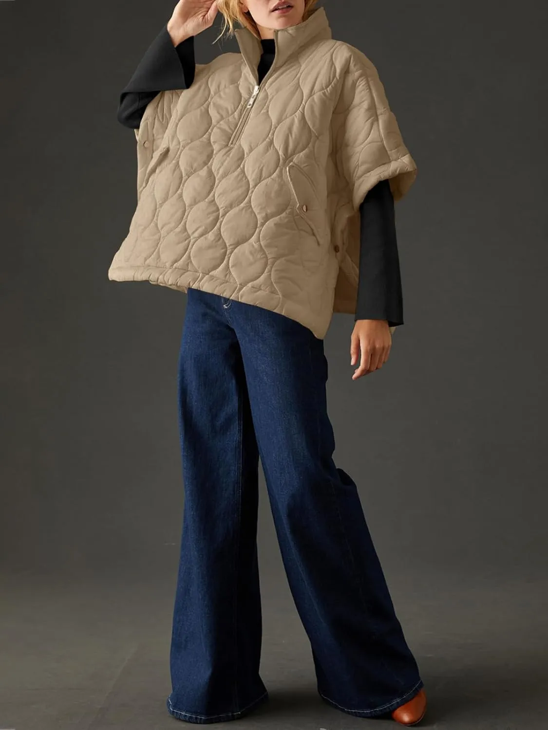 Fazortev Women's Puffer Poncho Pullover Quilted Jacket Short Sleeve Half Zipper Coat Cape Outerwear