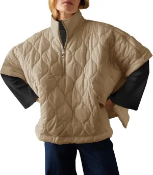 Fazortev Women's Puffer Poncho Pullover Quilted Jacket Short Sleeve Half Zipper Coat Cape Outerwear