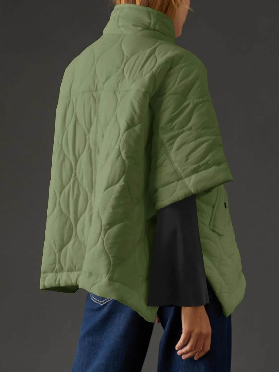 Fazortev Women's Puffer Poncho Pullover Quilted Jacket Short Sleeve Half Zipper Coat Cape Outerwear