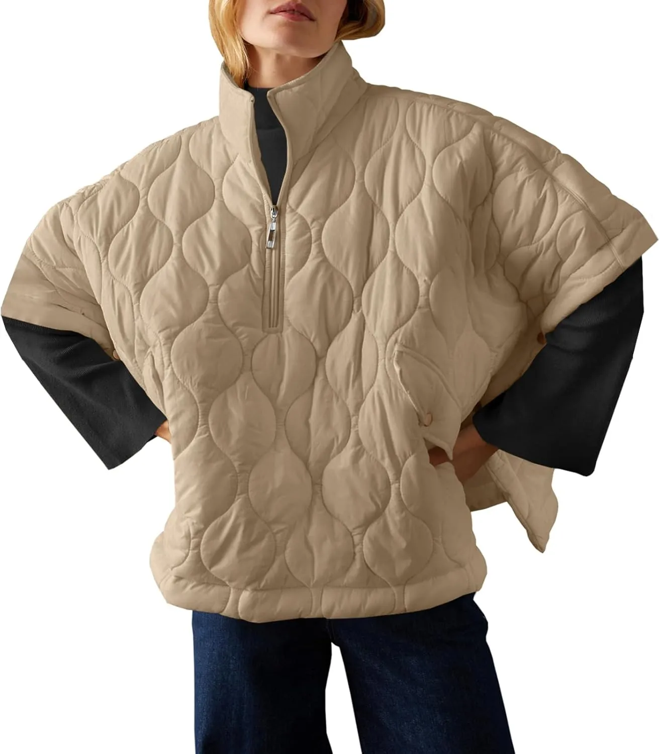Fazortev Women's Puffer Poncho Pullover Quilted Jacket Short Sleeve Half Zipper Coat Cape Outerwear