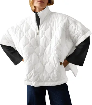 Fazortev Women's Puffer Poncho Pullover Quilted Jacket Short Sleeve Half Zipper Coat Cape Outerwear