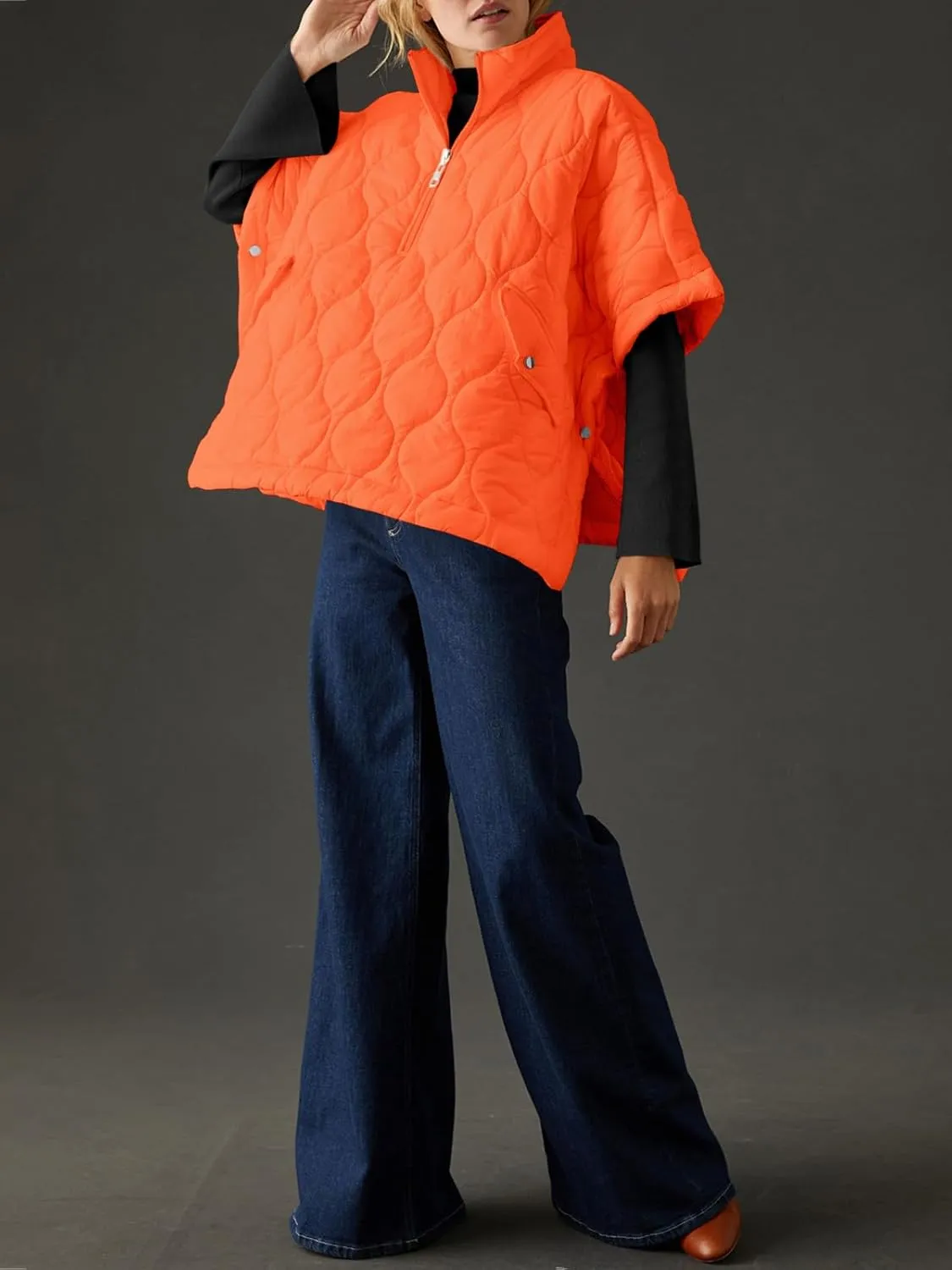 Fazortev Women's Puffer Poncho Pullover Quilted Jacket Short Sleeve Half Zipper Coat Cape Outerwear