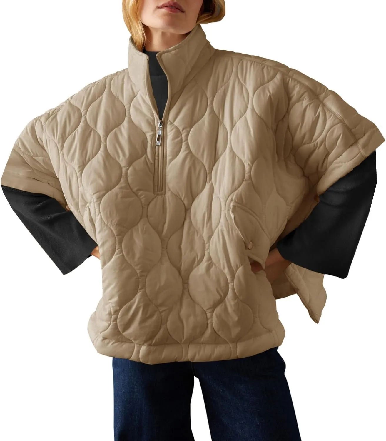 Fazortev Women's Puffer Poncho Pullover Quilted Jacket Short Sleeve Half Zipper Coat Cape Outerwear