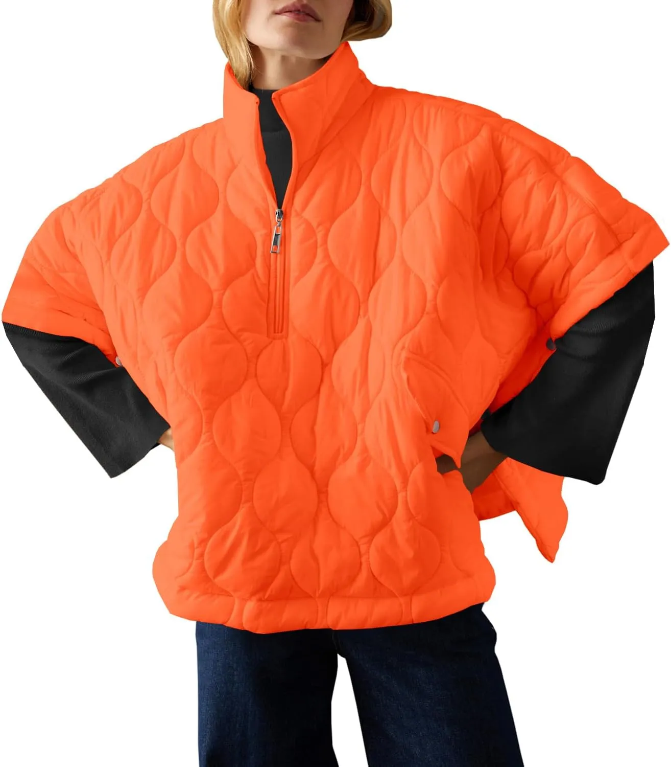 Fazortev Women's Puffer Poncho Pullover Quilted Jacket Short Sleeve Half Zipper Coat Cape Outerwear