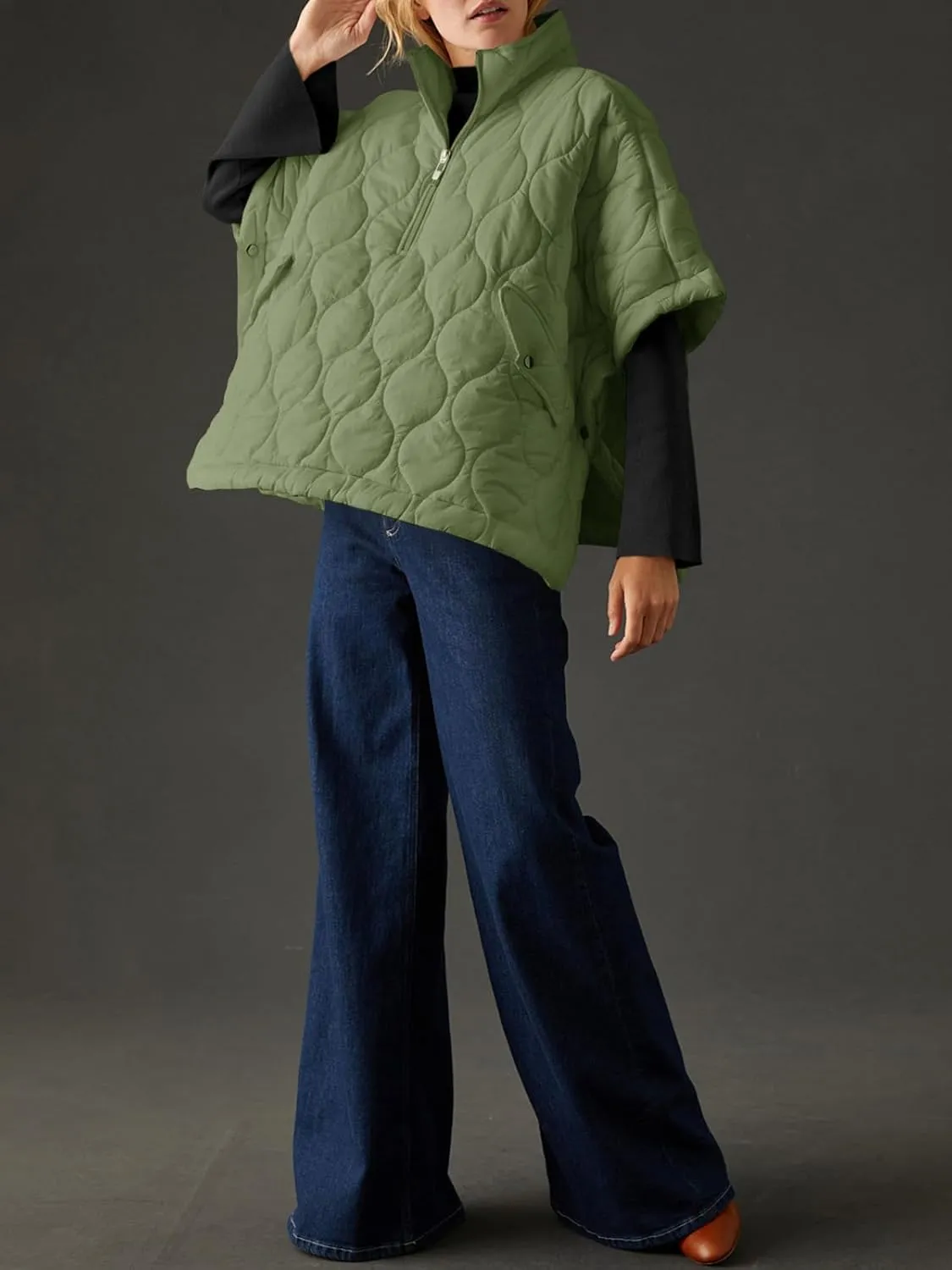 Fazortev Women's Puffer Poncho Pullover Quilted Jacket Short Sleeve Half Zipper Coat Cape Outerwear