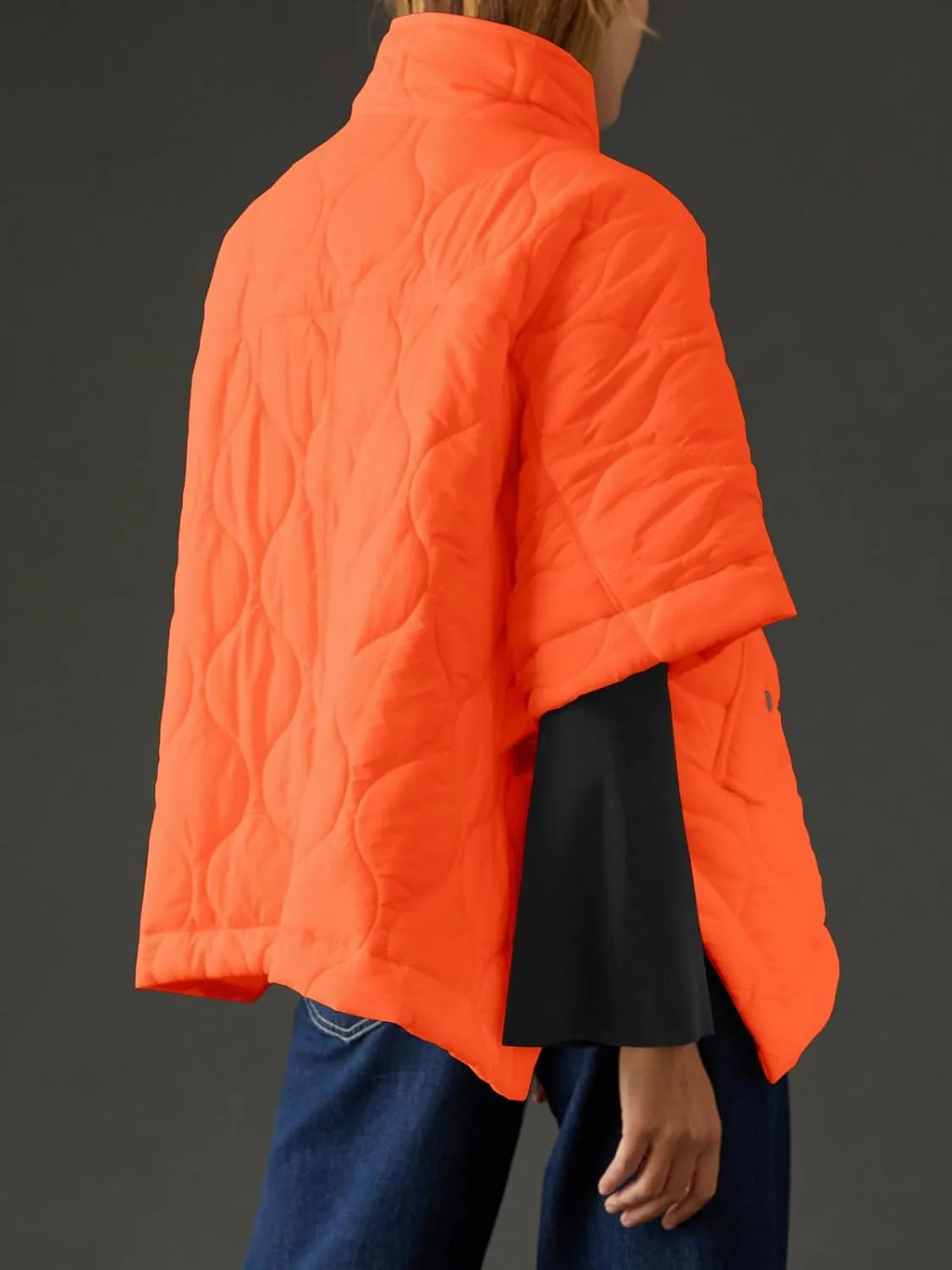 Fazortev Women's Puffer Poncho Pullover Quilted Jacket Short Sleeve Half Zipper Coat Cape Outerwear