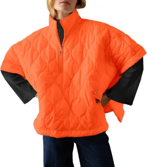 Fazortev Women's Puffer Poncho Pullover Quilted Jacket Short Sleeve Half Zipper Coat Cape Outerwear