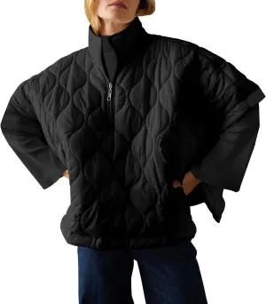 Fazortev Women's Puffer Poncho Pullover Quilted Jacket Short Sleeve Half Zipper Coat Cape Outerwear
