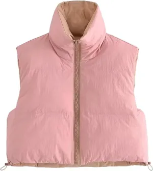 FindThy Women's Crop Puffer Vest Drawstring Full-Zip Reversible Puffy Vest Winter Waistcoat