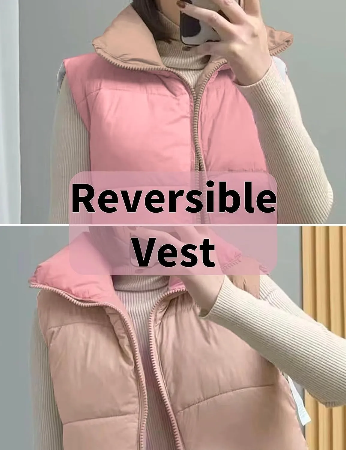 FindThy Women's Crop Puffer Vest Drawstring Full-Zip Reversible Puffy Vest Winter Waistcoat