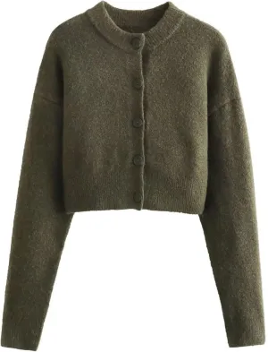 FindThy Womens Cropped Cardigan Sweater Crewneck Solid Color Long Sleeve Button Down Knitted Outerwear Top