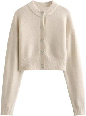FindThy Womens Cropped Cardigan Sweater Crewneck Solid Color Long Sleeve Button Down Knitted Outerwear Top