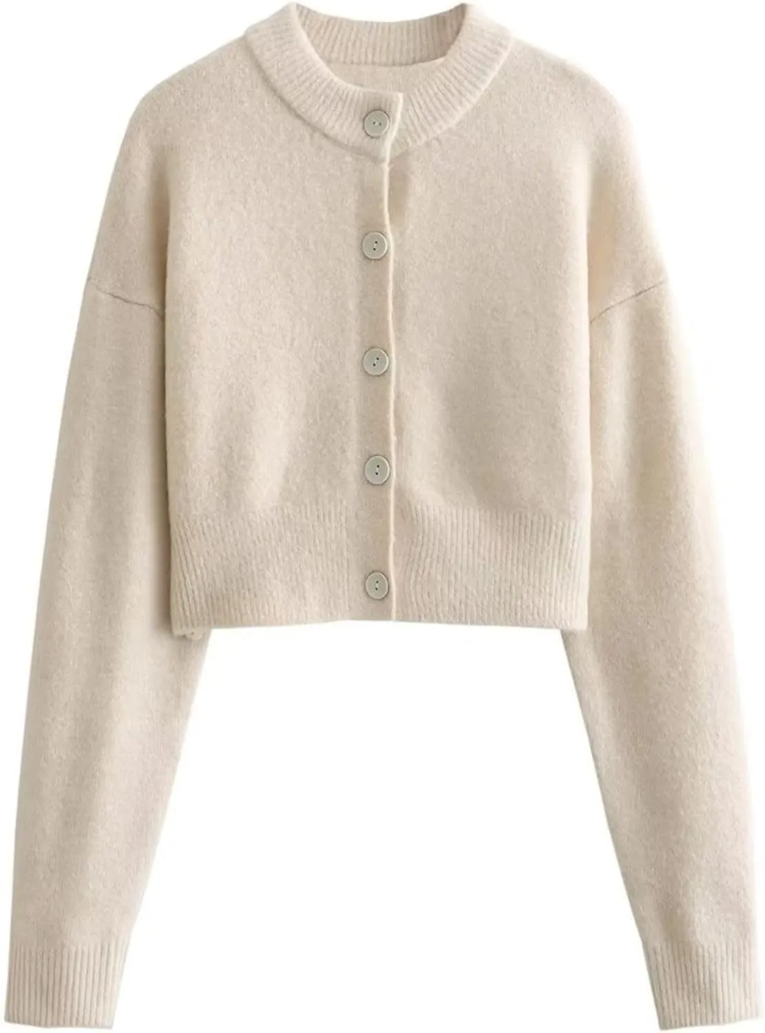 FindThy Womens Cropped Cardigan Sweater Crewneck Solid Color Long Sleeve Button Down Knitted Outerwear Top