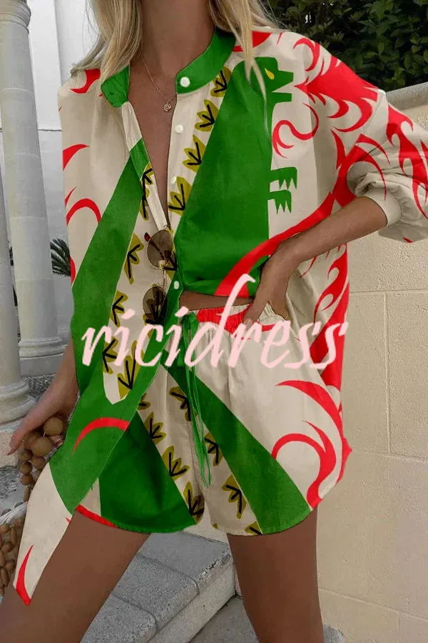 Fire Breathing Dinosaur Print Button Up Lace Up Shorts Set