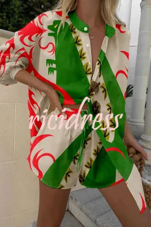 Fire Breathing Dinosaur Print Button Up Lace Up Shorts Set