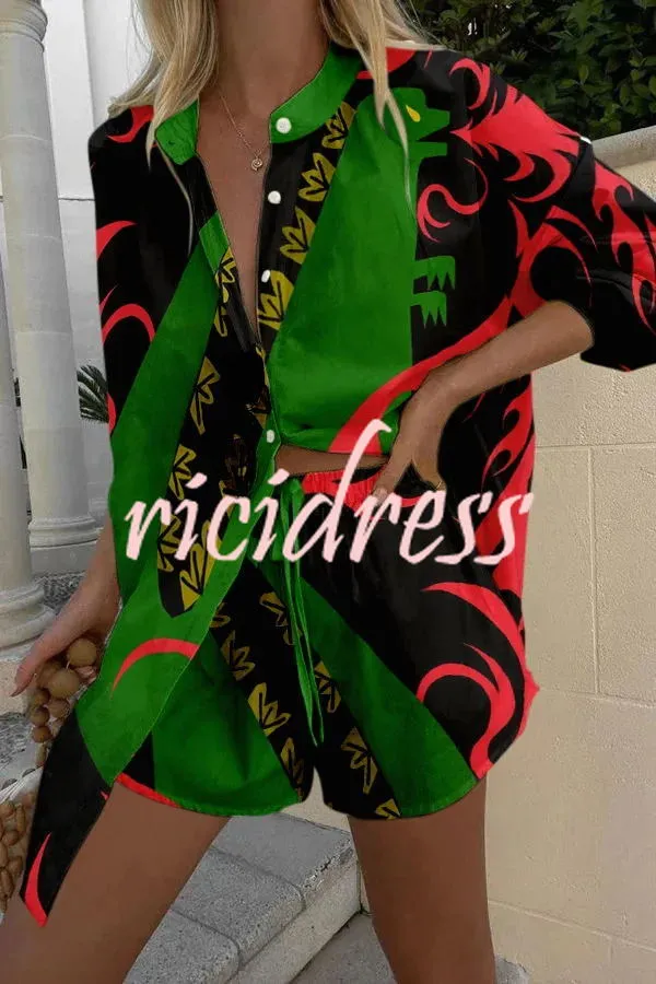 Fire Breathing Dinosaur Print Button Up Lace Up Shorts Set