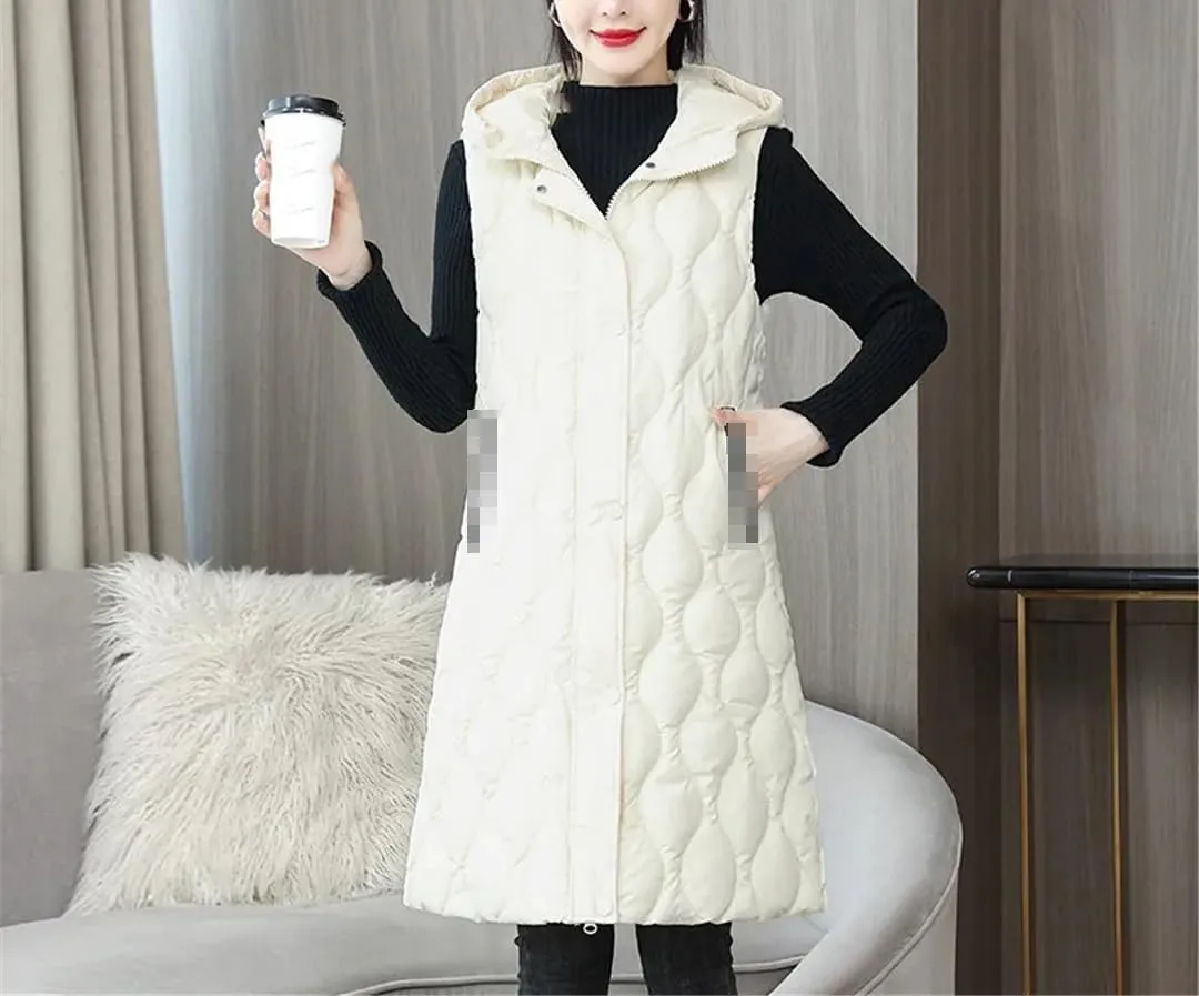 Fjnbbiot Winter Casual Long Vest For Women Sleevless Warm Hooded Waistcoat Jacket Down Cotton Padded Waistcoat