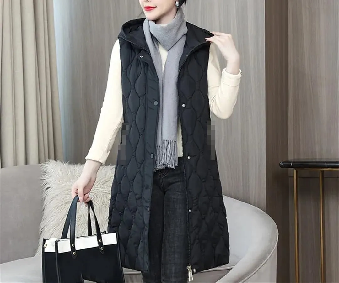 Fjnbbiot Winter Casual Long Vest For Women Sleevless Warm Hooded Waistcoat Jacket Down Cotton Padded Waistcoat