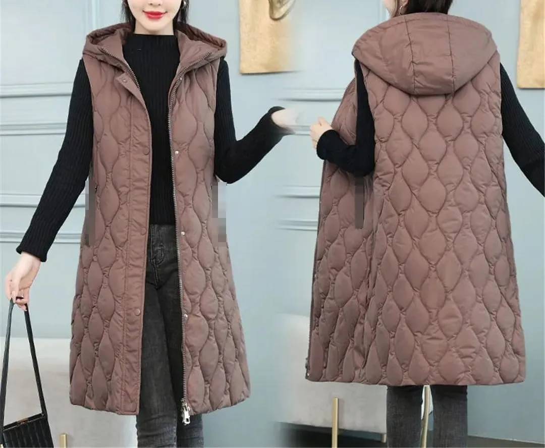 Fjnbbiot Winter Casual Long Vest For Women Sleevless Warm Hooded Waistcoat Jacket Down Cotton Padded Waistcoat