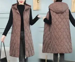 Fjnbbiot Winter Casual Long Vest For Women Sleevless Warm Hooded Waistcoat Jacket Down Cotton Padded Waistcoat