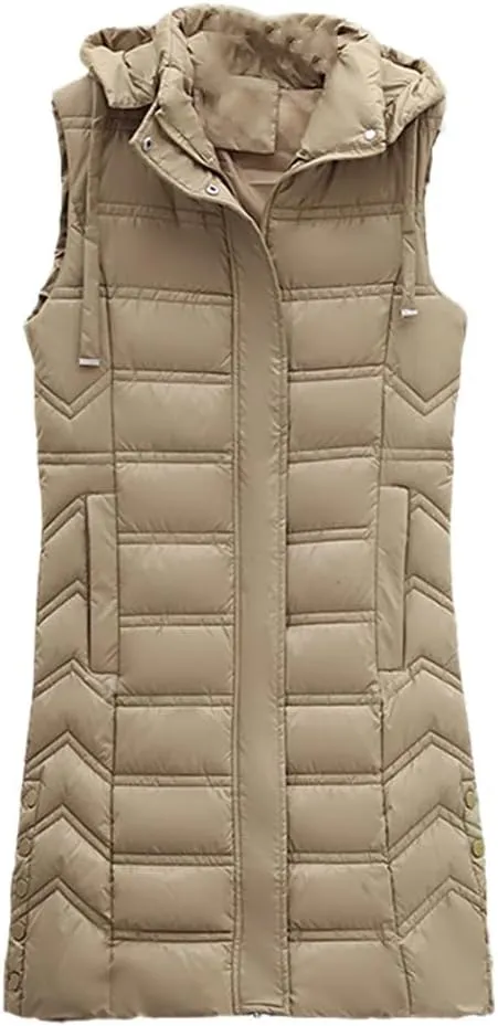 Fjnbbiot Winter Long Sleeveless Vest For Women Removable Hooded Coat Cotton Padded Puffer Jacket Loose Outwear