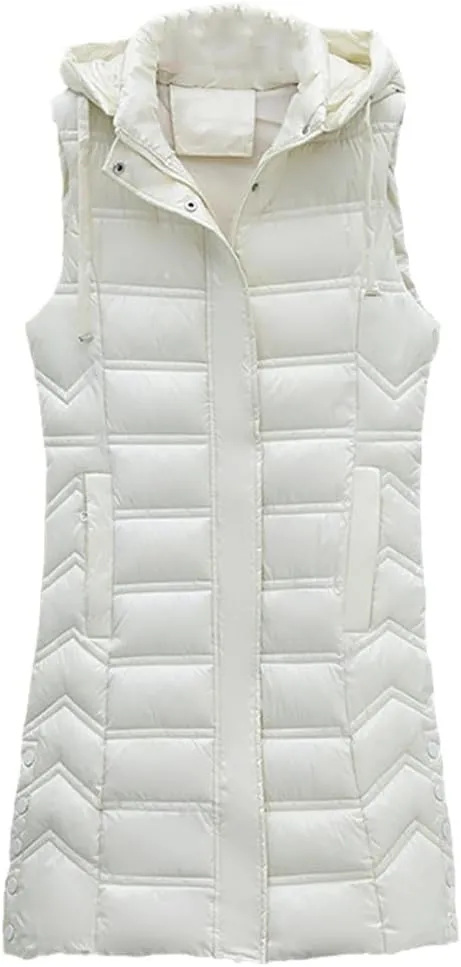 Fjnbbiot Winter Long Sleeveless Vest For Women Removable Hooded Coat Cotton Padded Puffer Jacket Loose Outwear