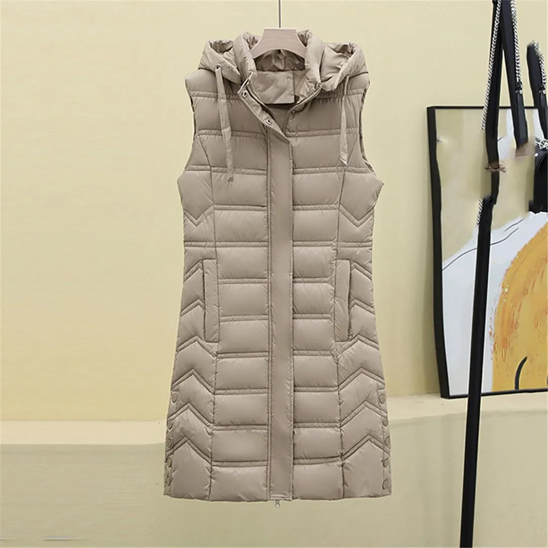 Fjnbbiot Winter Long Sleeveless Vest For Women Removable Hooded Coat Cotton Padded Puffer Jacket Loose Outwear