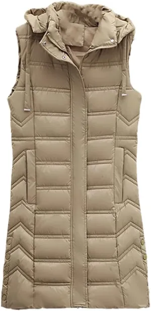Fjnbbiot Winter Long Sleeveless Vest For Women Removable Hooded Coat Cotton Padded Puffer Jacket Loose Outwear