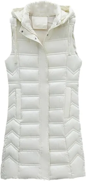 Fjnbbiot Winter Long Sleeveless Vest For Women Removable Hooded Coat Cotton Padded Puffer Jacket Loose Outwear