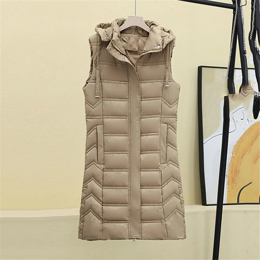 Fjnbbiot Winter Long Sleeveless Vest For Women Removable Hooded Coat Cotton Padded Puffer Jacket Loose Outwear