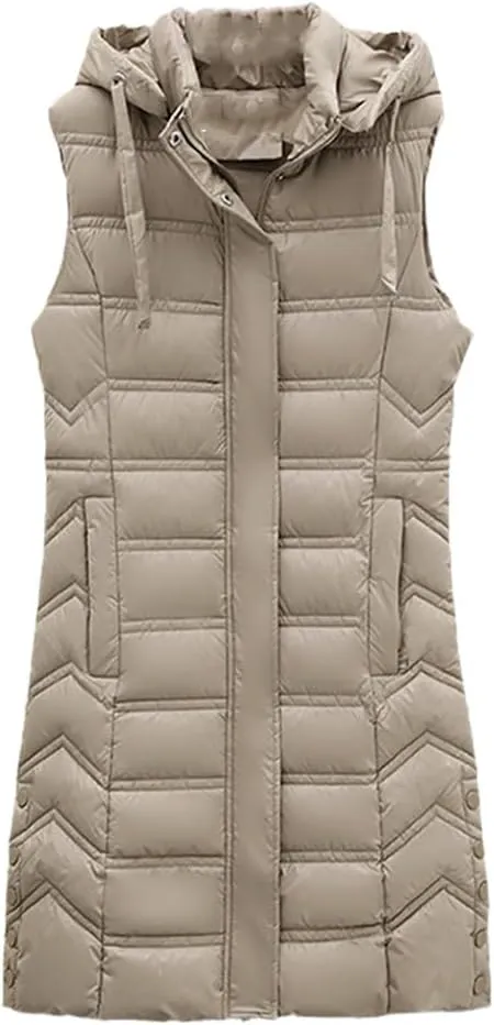 Fjnbbiot Winter Long Sleeveless Vest For Women Removable Hooded Coat Cotton Padded Puffer Jacket Loose Outwear