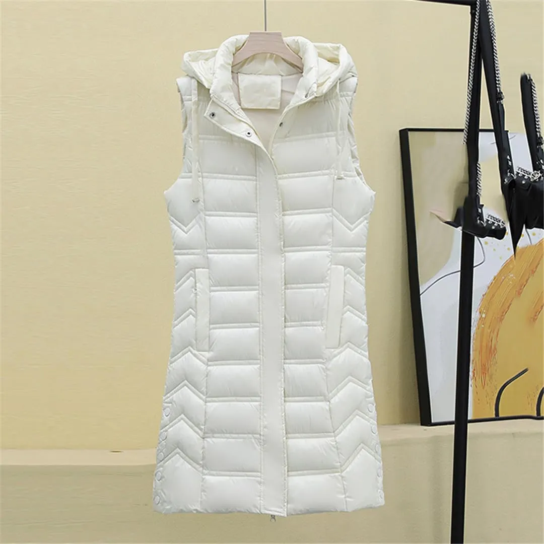 Fjnbbiot Winter Long Sleeveless Vest For Women Removable Hooded Coat Cotton Padded Puffer Jacket Loose Outwear