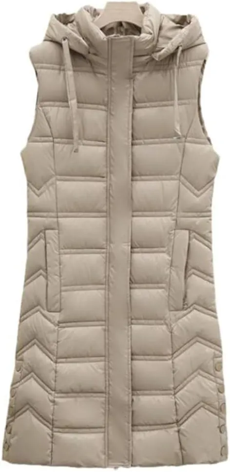 Fjnbbiot Winter Long Sleeveless Vest For Women Removable Hooded Coat Cotton Padded Puffer Jacket Loose Outwear