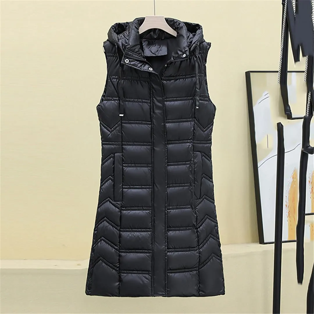 Fjnbbiot Winter Long Sleeveless Vest For Women Removable Hooded Coat Cotton Padded Puffer Jacket Loose Outwear