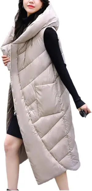 Fjnbbiot Winter Women Vest Long Sleeveless Jacket Hooded Cotton Padded Coat Female Big Pocket Casual Warm Waistcoat