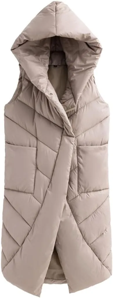 Fjnbbiot Winter Women Vest Long Sleeveless Jacket Hooded Cotton Padded Coat Female Big Pocket Casual Warm Waistcoat
