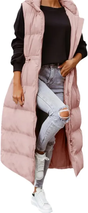 Fjnbbiot Women's Sleeveless Vest Long Down Cotton Jacket Solid Hooded Padded Vests Loose Fashion Casual Winter Coat