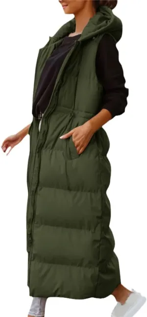 Fjnbbiot Women's Sleeveless Vest Long Down Cotton Jacket Solid Hooded Padded Vests Loose Fashion Casual Winter Coat