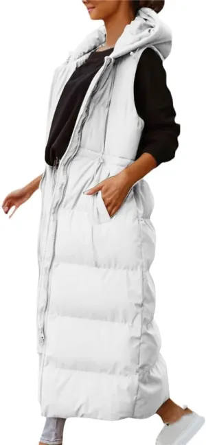 Fjnbbiot Women's Sleeveless Vest Long Down Cotton Jacket Solid Hooded Padded Vests Loose Fashion Casual Winter Coat