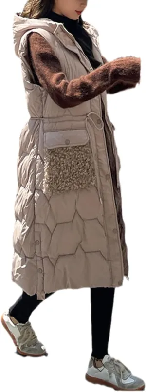 Fjnbbiot Women's Winter Vest Warm Long Down Waistcoat Sleeveless Coat Hooded Cotton Padded Waistcoat Pocket Windproof Outwear