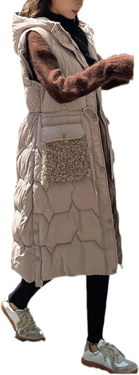Fjnbbiot Women's Winter Vest Warm Long Down Waistcoat Sleeveless Coat Hooded Cotton Padded Waistcoat Pocket Windproof Outwear