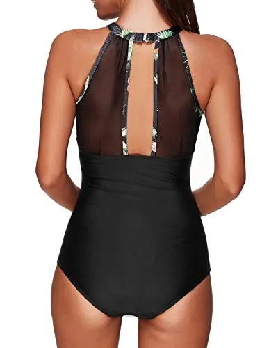 Flattering High Neck Mesh Women's Swimsuit-Black Palm Tree