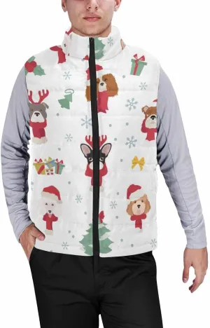Fleece Vest French Dog Holly Berry Men'S Puffer Vest Quilted Sleeveless Jacket Outerwear Winter Outdoor Warm